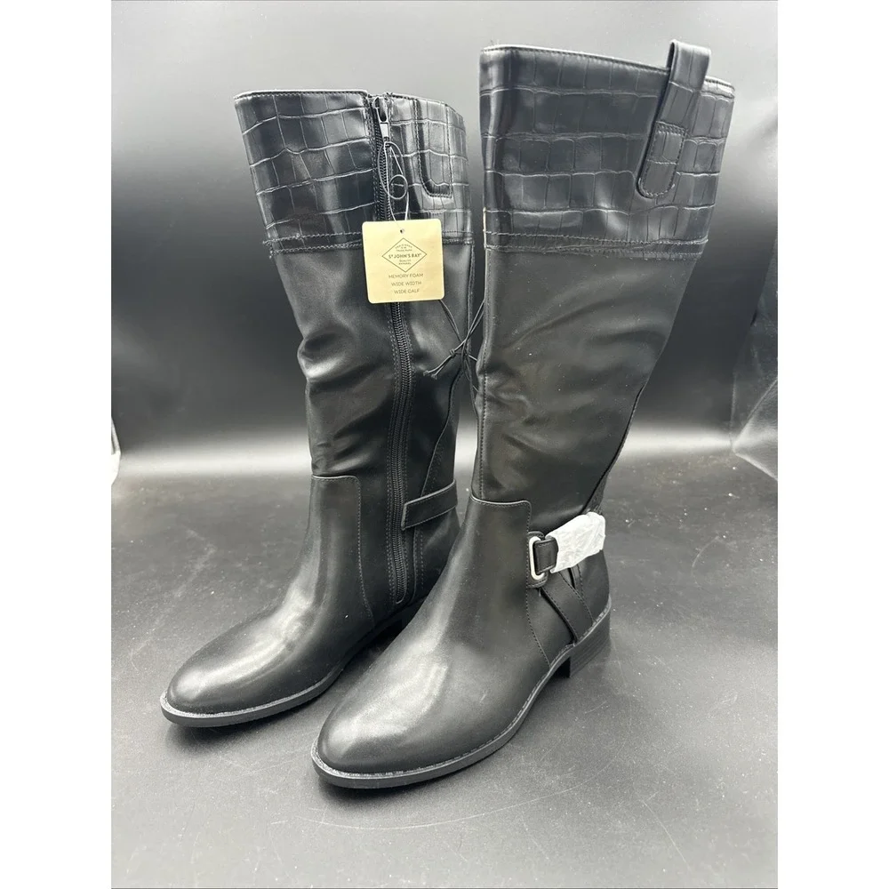 St Johns Bay Womens Black w/ Buckle Roslyn Riding Boots New W/ Box Size 6 WC/ WW